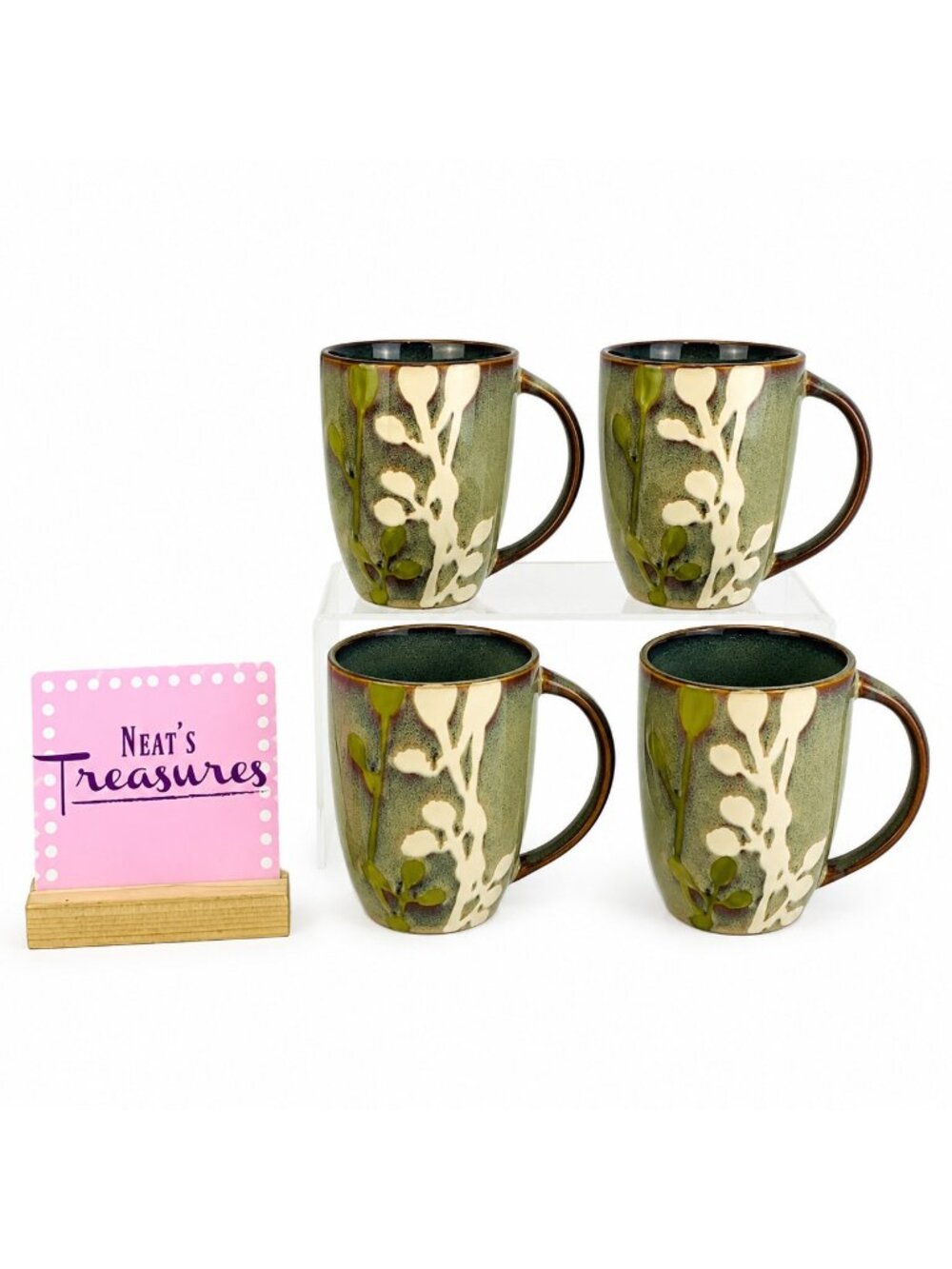 Home NEW HEATHER Stoneware Green White Plants Brown Trim 4.5 Cups Mugs Set of 4